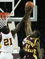 Bethune Cookman's Kevan Creppy, right, has his layup blocked by USC's Abdoulaye N'Diaye (AP Photo)