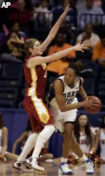 Duke forward Monique Currie (25) looks for help as she is guarded by USC's Meghan Gnekow (5). (AP Photo/Stephan Savoia)