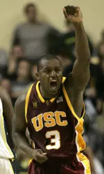 Lodrick Stewart celebrates at the buzzer as they beat Oregon, 84-82, during Pac-10 college basketball action. (AP Photo/Don Ryan)