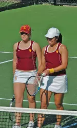 Sarah Fansler and Dianne Matias served up the first win of the match with their doubles victory.