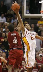 Taj Gibson swats Anthony Goods in USC's 83-79 win over Stanford. (AP Photo/Matt Sayles)