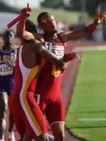 Duane Solomon celebrates shortly after USC won the 4x800m relay at the Texas Relays today.