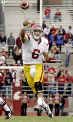Mark Sanchez fires off a pass in USC's rout of Washington State. (AP Photo/Ted S. Warren)