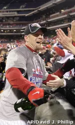 Geoff Jenkins celebrates with Philadelphia fans on Wednesday after the Phillies win the World Series