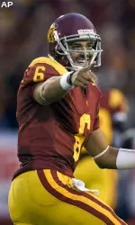 Southern California quarterback Mark Sanchez reacts after throwing a pass for a touchdown against Oregon in the second quarter. (AP Photo/Mark Avery)