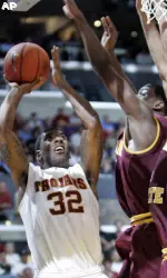 USC guard O.J. Mayo (32) goes for a basket past the Arizona State defense including guard Ty Abbott, center, in the second half of the game in the Pac-10 men's basketball tournament. (AP Photo/Reed Saxon)
