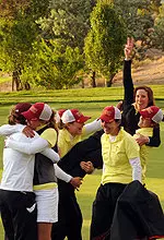 The USC women's golf team celebrates the 2008 NCAA team title after the team's final putt.