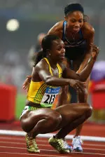 USC's Allyson Felix won the silver medal in the 200m dash today and is shown here congratulating the winner Veronica Campbell-Brown of Jamaica.