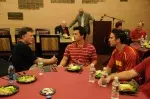 Former Trojan Olympic gold medalist pole vaulter Bob Seagren talks with current USC pole vaulters Derek Scott and Brandon Estrada.