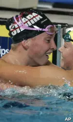 Incoming freshman Haley Anderson, left, after finishing second in the 800m free at the 2009 U.S. World Championship Trials, clinching a spot on the U.S. team.