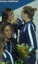 USC teammates and World Championship final opponents Joelle Bekhazi and Kami Craig congratulate each other in Rome.