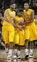 Freshmen (l-r) Garrett Jackson, Maurice Jones and Bryce Jones have accounted for 49 percent of USC's points and 41 percent of its minutes in the first two games.  Maurice Jones poured in 29 points in Monday's win over Santa Clara.