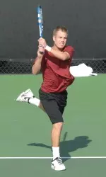 Jason McNaughton evened the match today with a strong win at No. 6 singles.