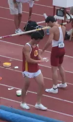 Sadly going in opposite directions today are USC redshirt seniors Brandon Estrada (white top) and Derek Scott as Estrada tied for first in the pole vault to advance to the NCAA Championships in Oregon, while Scott no heighted.