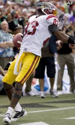 USC wide receiver Ronald Johnson (83) celebrates a touchdown in the first quarter against Hawaii at Aloha Stadium in Honolulu. (AP Photo/Eugene Tanner)