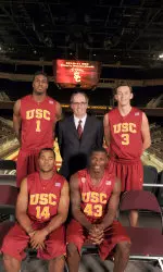 Head coach Kevin O'Neill and Trojan seniors L-R: Bottom: Donte Smith, Marcus Simmons and Top: Alex Stepheson and James Dunleavy