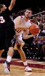 Senior Eric Strangis hit two big three-pointers in the game vs. Nebraska on Monday.