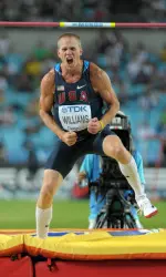 Jesse Williams celebrates winning the high jump gold at the World Track and Field Championships in Daegu, South Korea