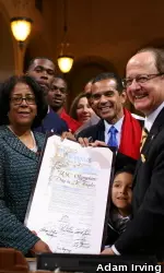 L.A. City Councilwoman Jan Perry, Los Angeles Mayor Antonio Villaraigosa and USC President C L. Max Nikias on hand at City Hall to honor