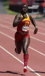 Akawkaw Ndipagbor shown running at Mt. SAC today where she posted strong times in the 200m and 400m. (Photo courtesy of Kirby Lee).