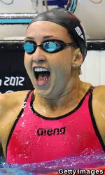 Rebecca Soni reacts to her world record time after qualifying first for the Olympic final of the 200m breast.