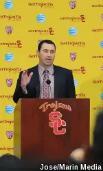 Steve Sarkisian talking to the media at his introductory press conference.
