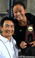 USC Diving Coach Hongping Li with sophomore diver Haley Ishimatsu after she became the third Trojan women's diver to win an NCAA title, all under Li.
