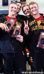 Alex Lendrum (far left) after helping USC's 800y free relay to third place at the NCAAs in a school record time.