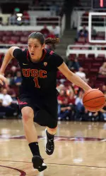 USC Trojans guard Jordan Adams (1) dribbles the ball against Stanford Cardinal guard Karlie Samuelson (44). (Kelley L Cox-USA TODAY Sports)