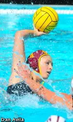 Kelly Mendoza punched in a pair of goals for USC today at ASU.