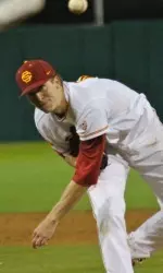 USC baseball senior Bob Wheatley pitched 10 strikeouts against Cal Poly.