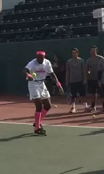 Sophomore football player Juju Smith-Schuster smacks a backhand at the fourth annual Rose Cup.