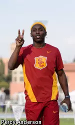 Freshman Adoree' Jackson with his 2015 Pac-12 long jump award for first place.