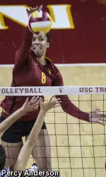 Senior MB Alicia Ogoms is USC's leader in hitting percentage and blocks.