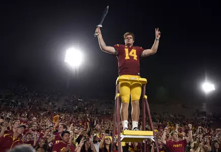 Quarterback Sam Darnold celebrates with the student section after the game against the Arizona State Sun Devils. The Southern California Trojans won 41-20. Credit: Kelvin Kuo-USA TODAY Sport