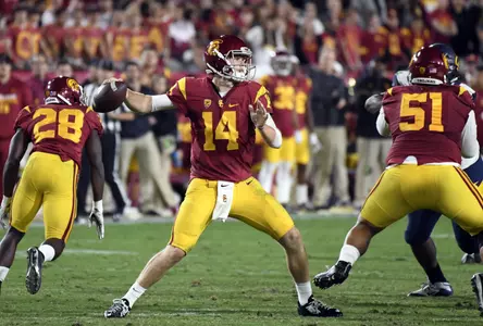 Los Angeles, CA; USC Trojans quarterback Sam Darnold passes against the California Golden Bears in the second quarter at Los Angeles Memorial Coliseum. Credit: Richard Mackson-USA TODAY Sport