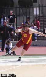 Freshman Matt Katnik won his first outdoor shot put competition as a Trojan with a strong opening mark of 61-7..75 (18.79m).