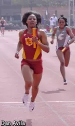 Destinee Brown won the open 100m and anchored the winning 4x100m relay for USC at the Trojan Invitational last week.