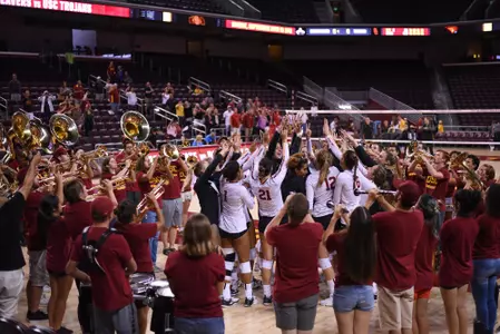 USC women's volleyball celebrates with Trojan Marching Band