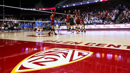 USC women's volleyball on the Galen Center floor.