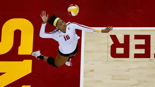 Women's volleyball junior outside hitter Khalia Lanier attacks the ball.