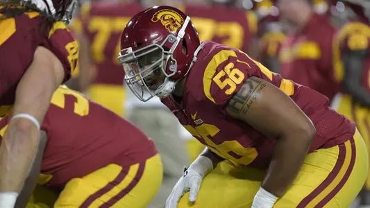 Jordan Austin lines up at the line of scrimmage.
