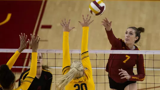USC volleyball sophomore outside hitter Brooke Botkin attacks.