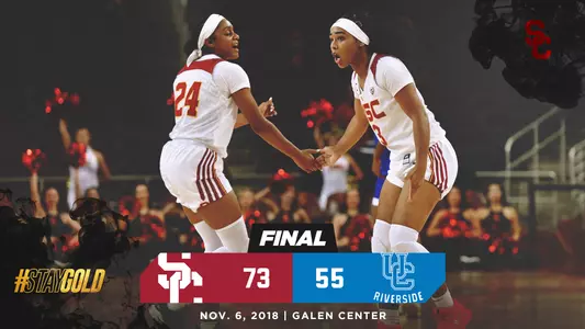 Minyon Moore and Desiree Caldwell celebrate in USC's season-opening win over UC Riverside
