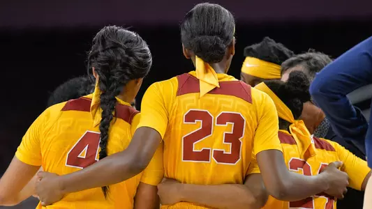 The Women of Troy huddle up in a game vs. UC Riverside