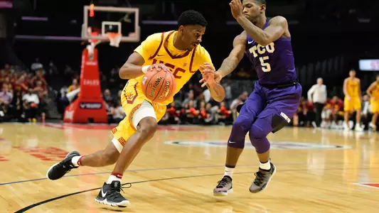 USC Trojans guard Elijah Weaver dribbles against the TCU Horned Frogs at the STAPLES Center