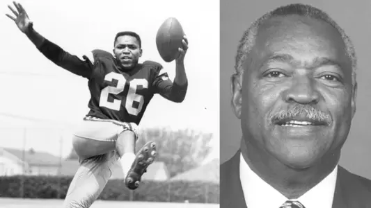 On the left: Willie Brown does the "Heisman" pose. On the right: Willie Brown's headshot