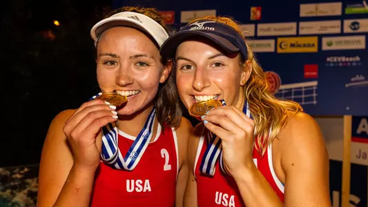 Beach volleyball All-American Allie Wheeler and her partner Lara Dykstra with their FIVB gold medals in Vaduz.