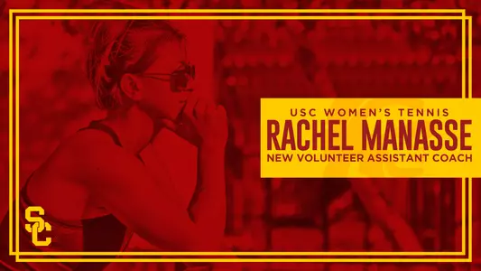 Graphic announcing Rachel Manasse as the new women's tennis volunteer assistant coach