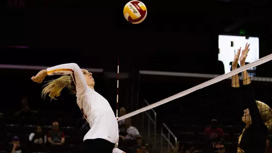 Madison Murtagh goes up to attack a ball against Northern Iowa.